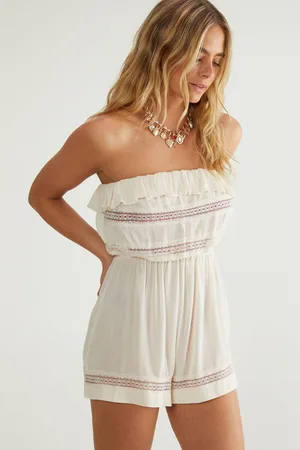 NASTY GAL Womens Crinkle Lace Insert Bandeau Beach Romper - Viscose - Size 16 UK