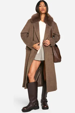 Boohoo Womens Faux Fur Trim Oversized Double Breasted Wool Look Coat - - Size 8 UK