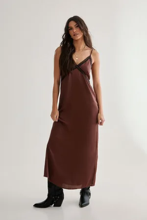 NASTY GAL Womens Satin Ribbon Lace Trim Maxi Slip Dress - - Size 4 UK