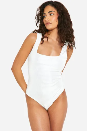 Boohoo Womens Petite Ribbed Square Neck Swimsuit - - Size 10 UK