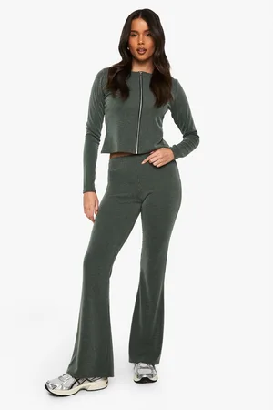 Boohoo Womens 2 Tone Rib Zip Up Top & Flared Trouser - - Size 14 UK