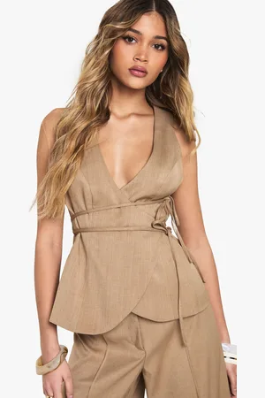 Boohoo Womens Tailored Linen Look Belted Waistcoat - - Size 12 UK