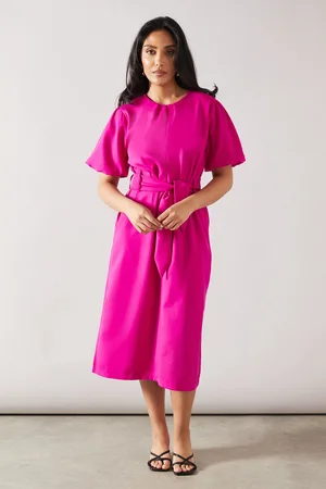wallis Womens Petite Puff Sleeve Key Hole Detail Belted Midi Dress - - Size 14 UK