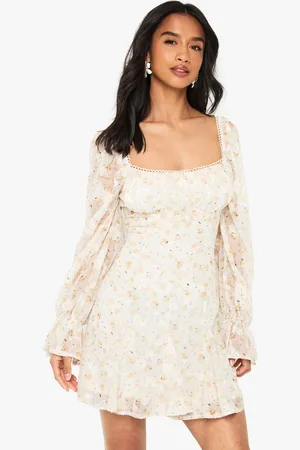 Boohoo Womens Petite Chiffon Jaquard Floral Angel Sleeve Mini Dress - - Size 6 UK