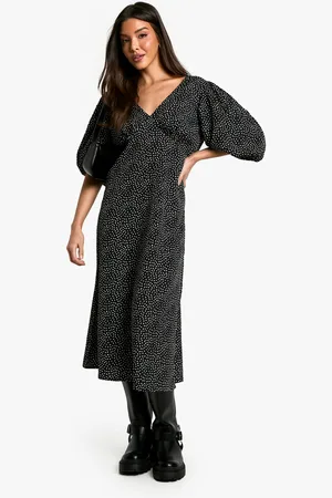 Boohoo Womens Polka Dot Puff Sleeve Tie Back Midi Dress - - Size 12 UK
