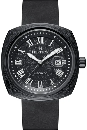 heritor automatic Mens Davenport Engraved-Case Leather-Band Watch w/ Date - Stainless Steel - One Size