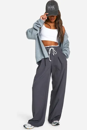 Boohoo Womens Fray Hem Double Waistband Wide Leg Woven Trousers - - Size 6 UK