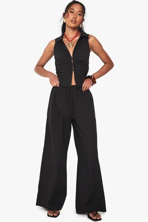 Boohoo Womens Drawstring Waist Poplin Wide Leg Trousers - Cotton - Size 12 UK