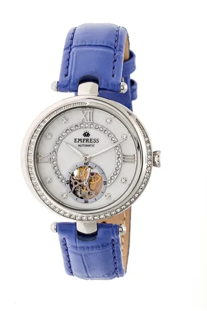 Empress Womens Stella Automatic Semi-Skeleton MOP Leather-Band Watch - Stainless Steel - One Size