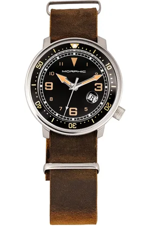 Morphic Mens M74 Series Leather-Band Watch w/Magnified Date Display - Stainless Steel - One Size