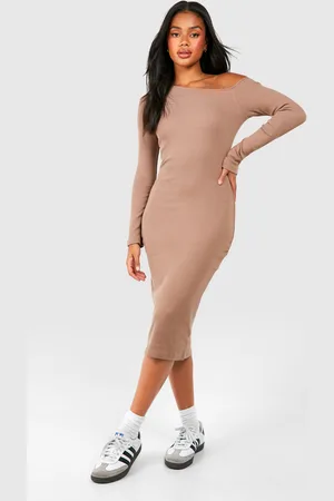 Boohoo Womens Assymetric Rib Long Sleeve Midi Dress - Cotton - Size 18 UK
