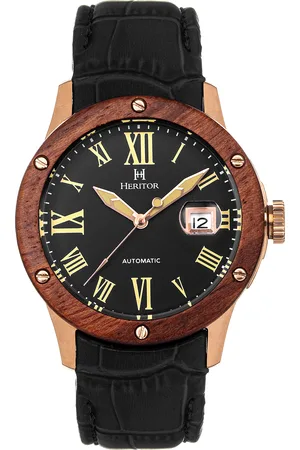 heritor automatic Mens Everest Wooden Bezel Leather Band Watch /Date - Stainless Steel - One Size