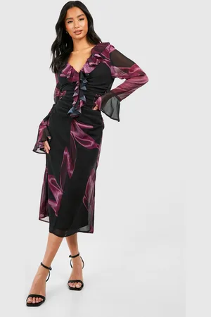Boohoo Womens Petite Dark Floral Ruffle Ruched Woven Midaxi Dress - - Size 6 UK
