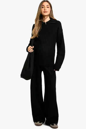 Boohoo Womens Maternity Soft Knit Thick Rib Zip Neck Oversized Jumper And Wide Leg Trouser Set - - Size 14 UK