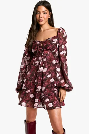 Boohoo Womens Floral Blouson Sleeve Skater Dress - - Size 10 UK