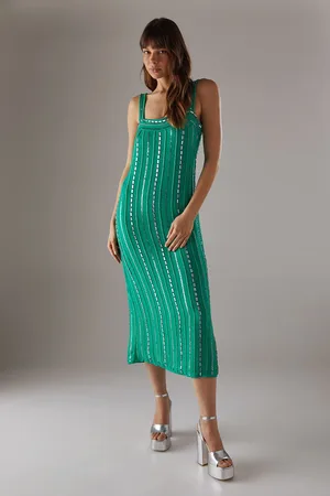 warehouse Womens Hand Embellished Sequin Square Neck Strappy Midi Dress - - Size 10 UK