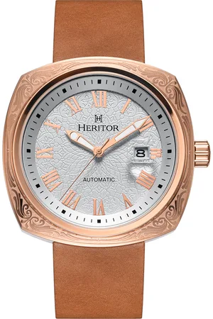 heritor automatic Mens Davenport Engraved-Case Leather-Band Watch w/ Date - Stainless Steel - One Size