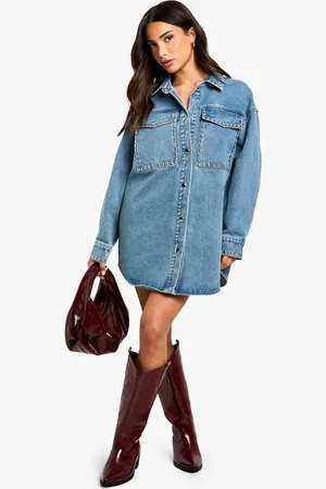 Boohoo Womens Petite Stud Detail Denim Oversized Shirt Dress - Cotton - Size 10 UK