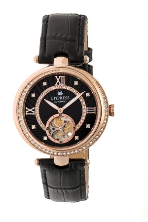 Empress Womens Stella Automatic Semi-Skeleton MOP Leather-Band Watch - Stainless Steel - One Size