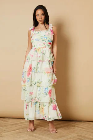 Oasis Womens Ruched Ruffle Tiered Tie Strap Midi Dress - - Size 16 UK