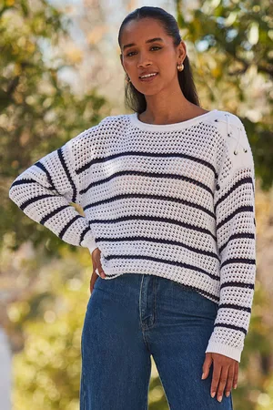 Sosandar Womens & Navy Blue Stripe Crochet Jumper Lace - Size Medium