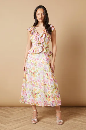 Oasis Womens Floral Ruffle Detail V Neck Midi Dress - - Size 18 UK