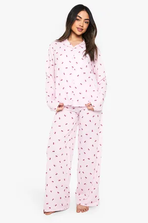 Boohoo Womens Cherry Print Long Sleeve Shirt & Trousers Pyjama Set - - Size 10 UK