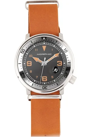 Morphic Mens M74 Series Leather-Band Watch w/Magnified Date Display - Stainless Steel - One Size