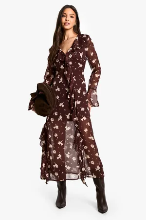Boohoo Womens Dark Floral Ruffle Midaxi Dress - - Size 12 UK