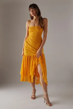 warehouse Womens Lace Strappy Drop Waist Ruffle Midi Dress - Polyamide - Size 10 UK