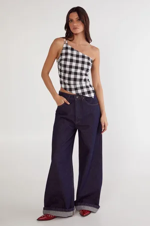 NASTY GAL Womens Gingham Tailored Asym Neck Top - - Size 12 UK