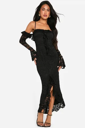 Boohoo Womens Lace Ruffle Bardot Flare Sleeve Midaxi Dress - - Size 16 UK