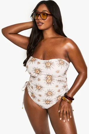 Boohoo Womens PLUS CELESTIAL PRINT RUCHED BANDEAU SWIMSUIT - - Size 26 UK