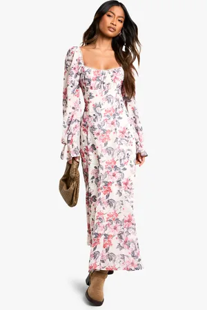 Boohoo Womens Floral Milkmaid Godet Hem Midaxi Dress - - Size 10 UK