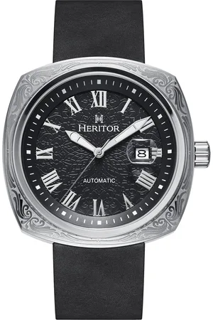 heritor automatic Mens Davenport Engraved-Case Leather-Band Watch w/ Date - Stainless Steel - One Size