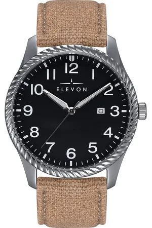 ELEVON Mens Crosswind Canvas-Overlaid Leather-Band Watch w/ Date - Metal - One Size