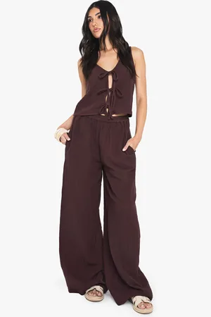 Boohoo Womens Cheesecloth Elasticated Waist Wide Leg Trousers - Cotton - Size 8 UK