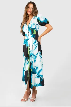 Boohoo Womens Floral Puff Sleeve Button Through Midi Dress - - Size 10 UK