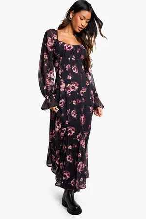 Boohoo Womens Floral Milkmaid Godet Hem Midaxi Dress - - Size 12 UK