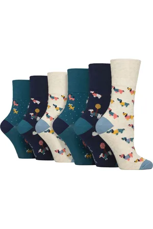 Gentle Grip Womens 6 Pairs Ladies NON ELASTIC Cotton Rich Wildlife Dogs Cats Patterned Socks - - Size UK 4-8