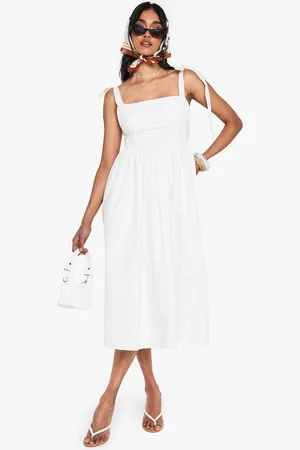 Boohoo Womens Cotton Ruched Bust Shoulder Tie Midi Dress - - Size 16 UK