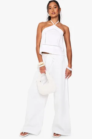 Boohoo Womens Drawstring Waist Poplin Wide Leg Trousers - Cotton - Size 6 UK