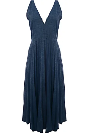 VALENTINO GARAVANI Womens V-Neck Slvls Chambray Denim Plisse Long Dress in - Size 12 UK