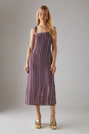 warehouse Womens Hand Embellished Sequin Square Neck Strappy Midi Dress - - Size 16 UK