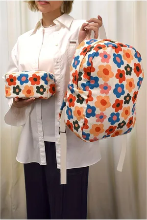 Azura Exchange Unisex Flower Print Corduroy Backpack with Matching Pouch Cotton - One Size