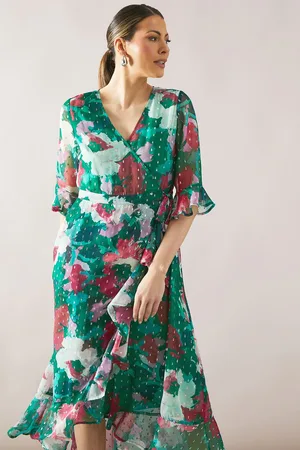wallis Womens Floral Glitter Spot Ruffle Midi Dress - - Size 12 UK