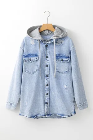 Azura Exchange Womens Mist Blue Oversized Contrast Hooded Denim Jacket - Cotton - Size Large