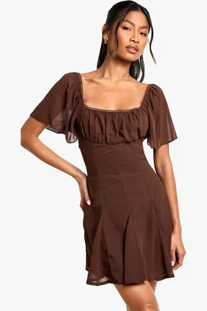 Boohoo Womens Chiffon Milkmaid Godet Hem Mini Dress - - Size 14 UK