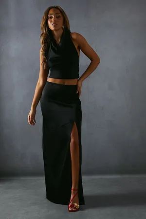 MissPap Womens Satin High Waist Maxi Skirt - - Size 14 UK
