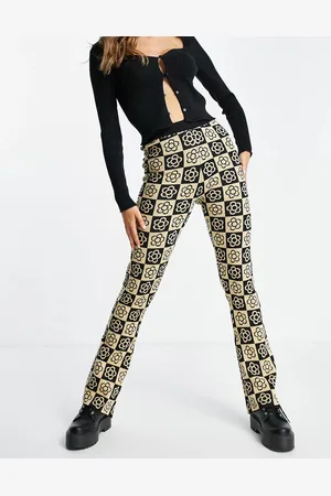 Daisy Street Womens Relaxed Flared Knit Trousers in Floral Checkerboard - - Size 6 UK